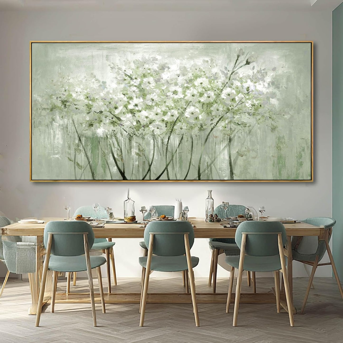 Framed Green Flower botanical Canvas Wall Art 29"x58" Modern Botanical Poster Artwork for Bedroom Living Room Office Kitchen Decor