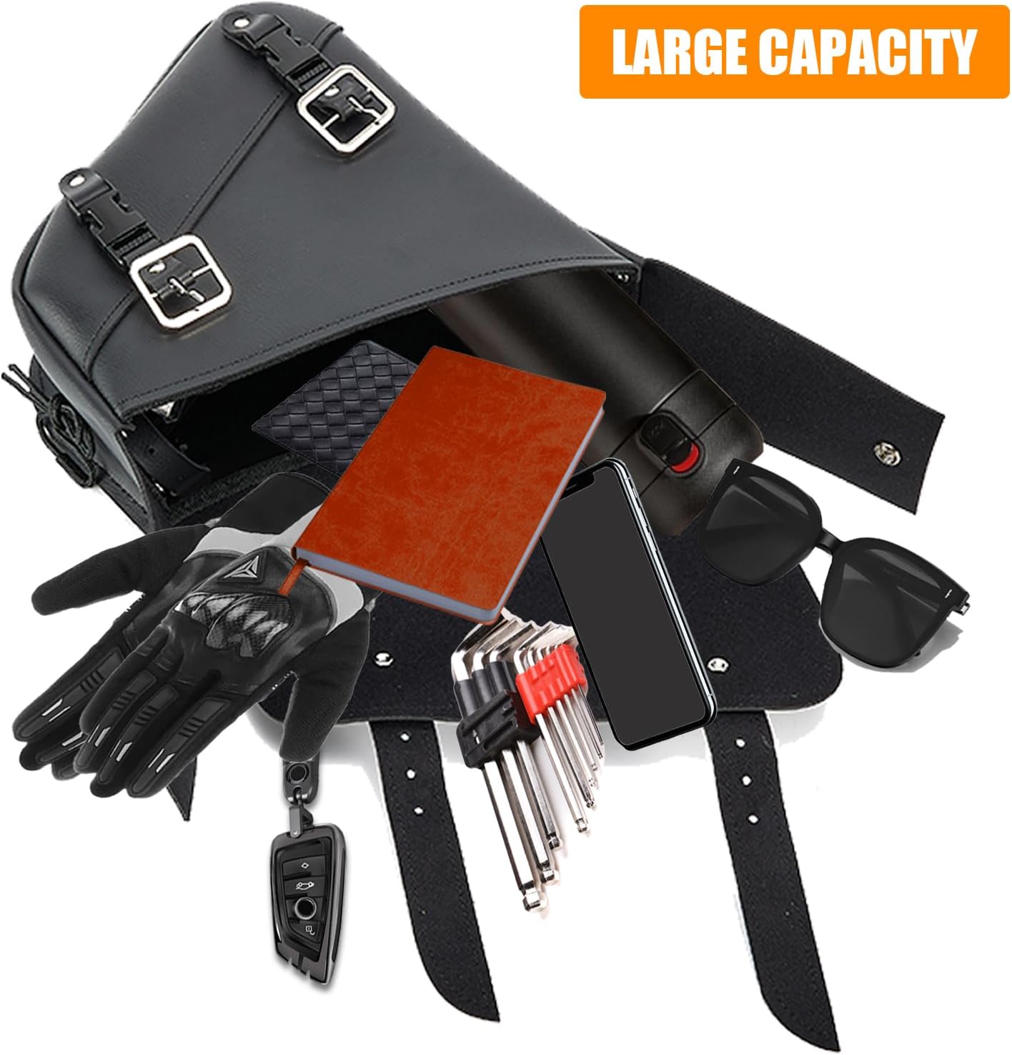 GARGOYLE BELLS Motorcycle Saddle Bags Solo Swing Arm Bag For Sportster Softail PVC Waterproof Motorcycle Luggage Bags for Motorcycle or Bike (Left Side, Black PVC)