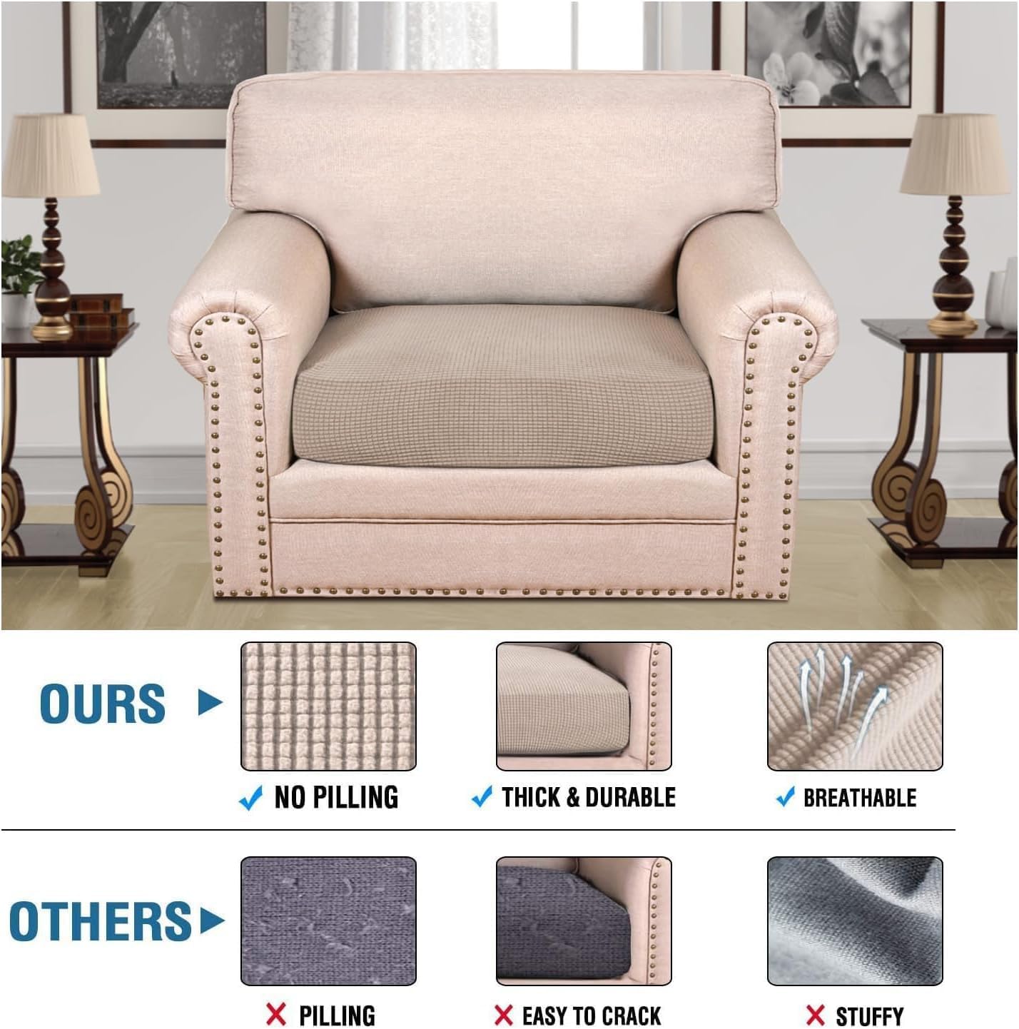 H.VERSAILTEX Super Stretch Individual Seat Cushion Covers Sofa Covers Couch Cushion Covers Slipcover Sets Thick Jacquard Textured Twill Fabric (1 Piece Chair Cushion Cover, Sand)