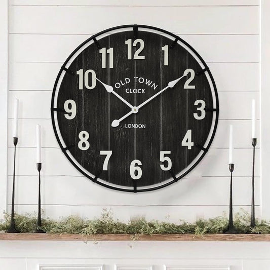 Large Old Town Farmhouse Wall Clock – 24 Inches Rustic Antique Wood with Metal Circle and Large Numerals, Silent Battery Operated Clock for Office, Kitchen, Bedroom, Living Room (Black)
