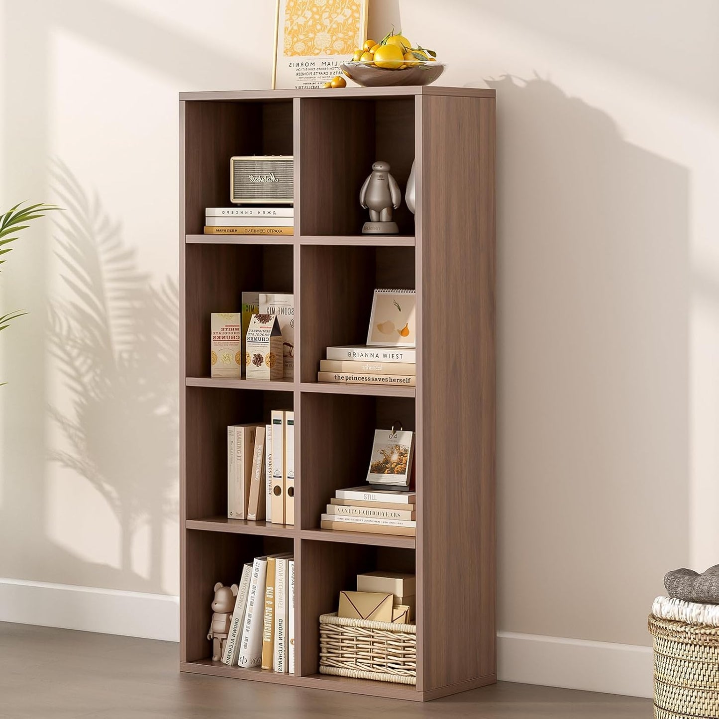 8-Cube Storage Shelf Bookcase - Wooden 4-Tier Floor Standing Open Bookshelf for Home and Office, Cuby Orgainzer, Walnut