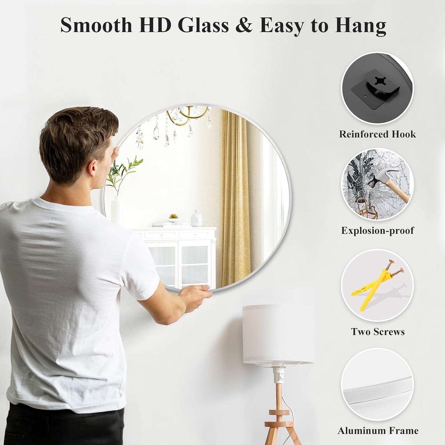 Fabuday Silver Round Mirror for Wall 24 inch - Circle Mirror for Bathroom, Entryway, Living Room, Hallway, Vanity Decor, Small Matte Metal Frame Mirrors