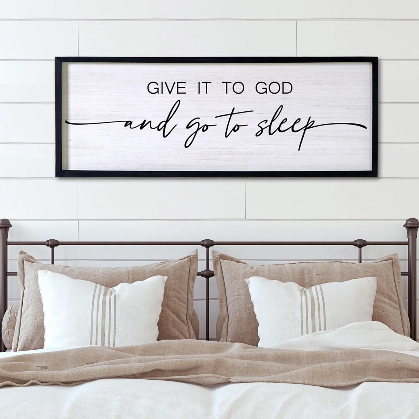 Give It to God and Go to Sleep Decorative Rustic Sign & Plaque Framed Wall Art for Couples, 40''×15'' Cottagecore Wooden Horizontal Wall Decor Above Bed, Vintage Farmhouse Wedding Gift for Bedroom