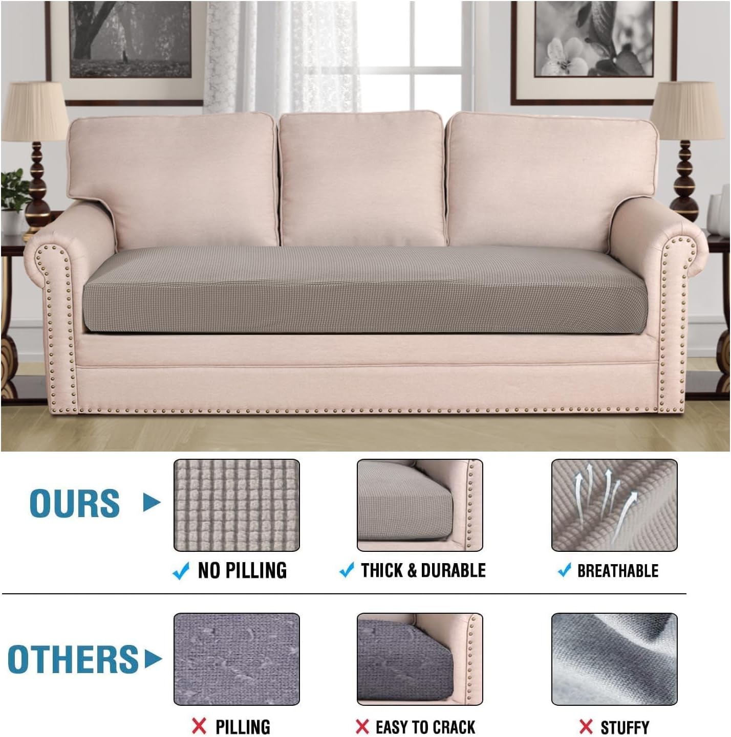 H.VERSAILTEX Super Stretch Individual Seat Cushion Covers Sofa Covers Couch Cushion Covers Slipcover Sets Thick Jacquard Textured Twill Fabric (1 Piece Sofa Cushion Cover, Taupe)