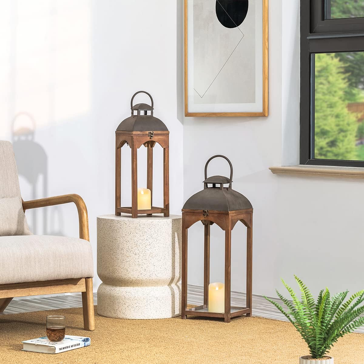 Glitzhome Set of 2 Mondern Farmhouse Wooden Lantern Hanging Decorative Candle Lanterns for Outdoor & Indoor Brown (No Glass)