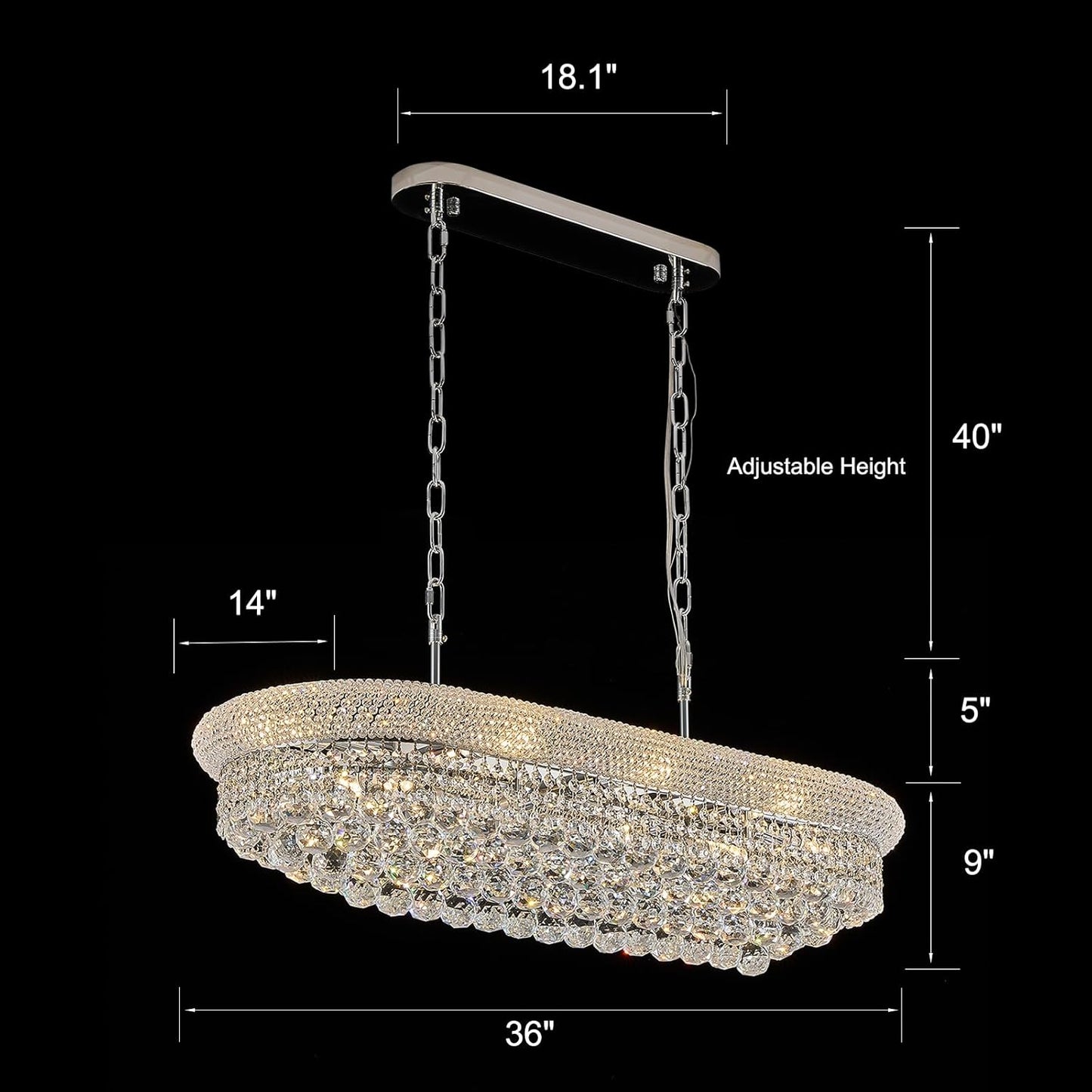 Rectangular Crystal Chandeliers for Dining Room,10 Lights Adjustable Height Oval Crystal Ceiling Light Fixture for Kitchen Island, Chrome Finish, L36''