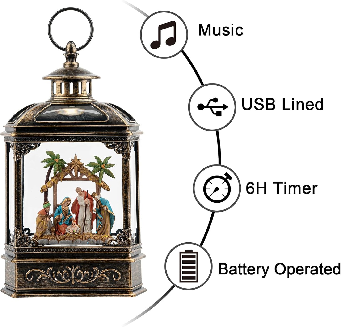 Christmas Snow Globe Swirling Glittering Nativity Scene with Music, USB Lined/Battery Operated Lighted Water Lantern for Christmas Festival Decoration Gifts