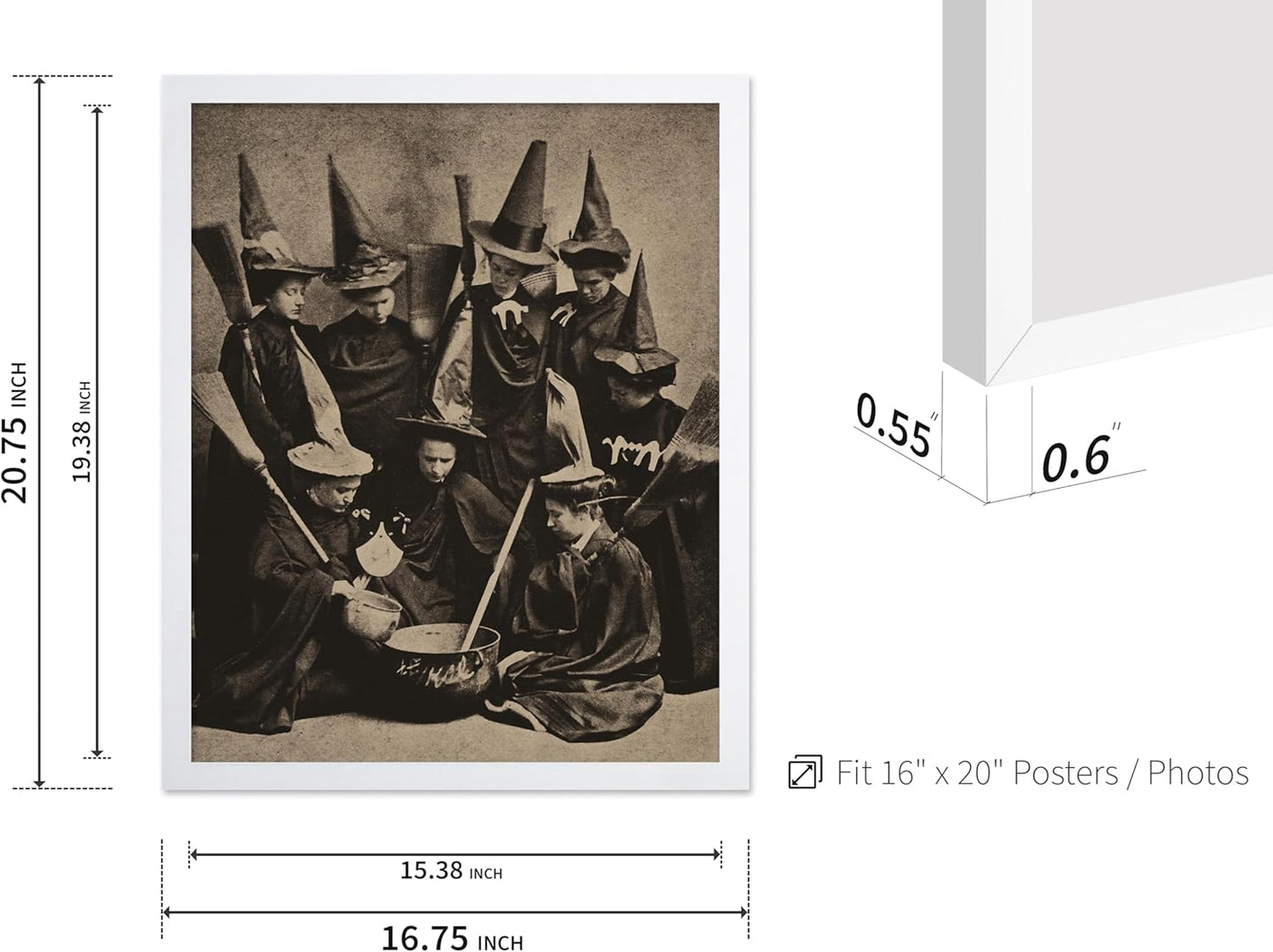 Poster Master Vintage Photograph Poster - Retro Halloween Print - Gift for Artist, Friend - Witches Cooking, Pointy Hats, Broomsticks, Black Magic - Wall Decor for Bedroom, 16x20 White Framed