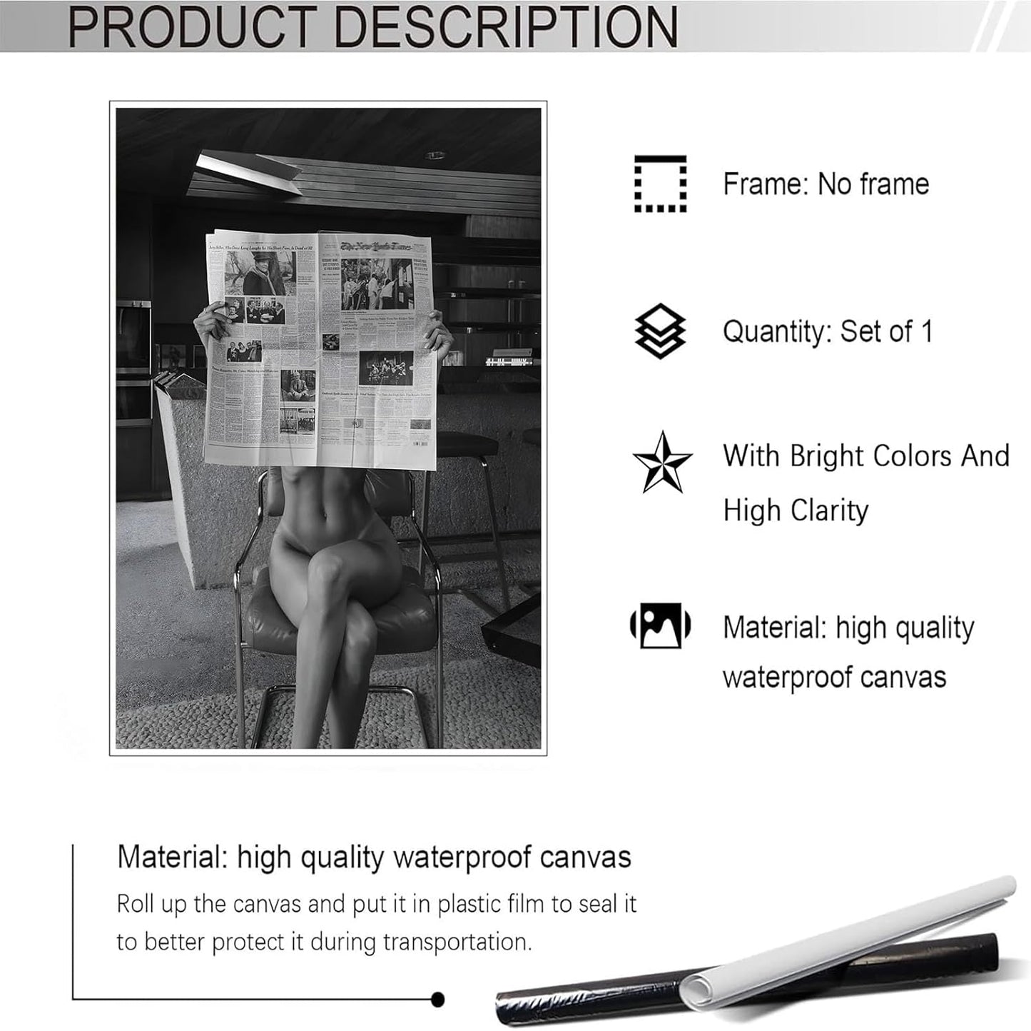 Liyark Sexy Glamorous Reader Poster Feminist Art Black and White Preppy Canvas wall art Retro Room Aesthetic Newspaper prints painting Trendy Naked Women Art wall decor 12x16in Unframed