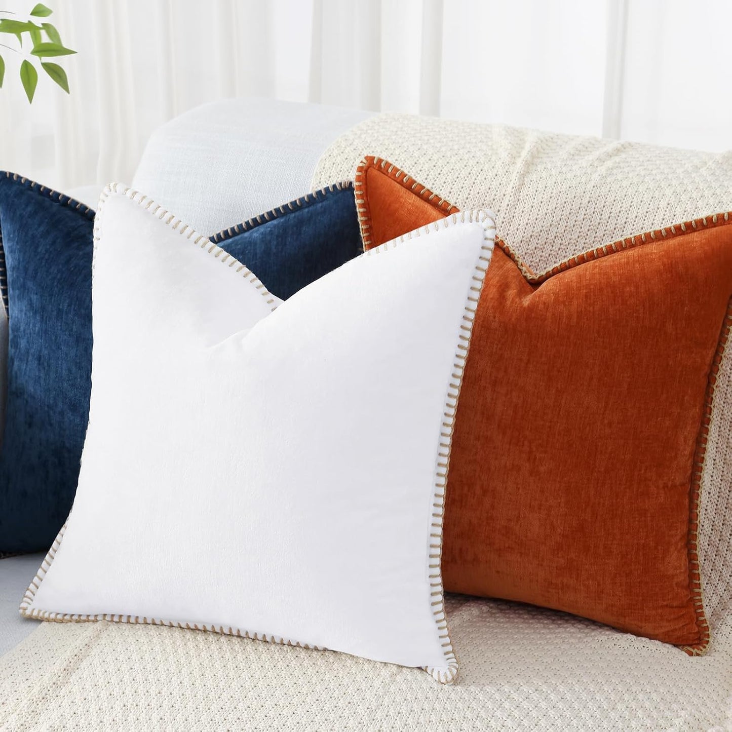 decorUhome Chenille Soft Throw Pillow Covers 24x24 Set of 2, Farmhouse Velvet Neutral Decorative Euro Pillow Covers with Stitched Edge for Couch Sofa Bed Home Decor, White