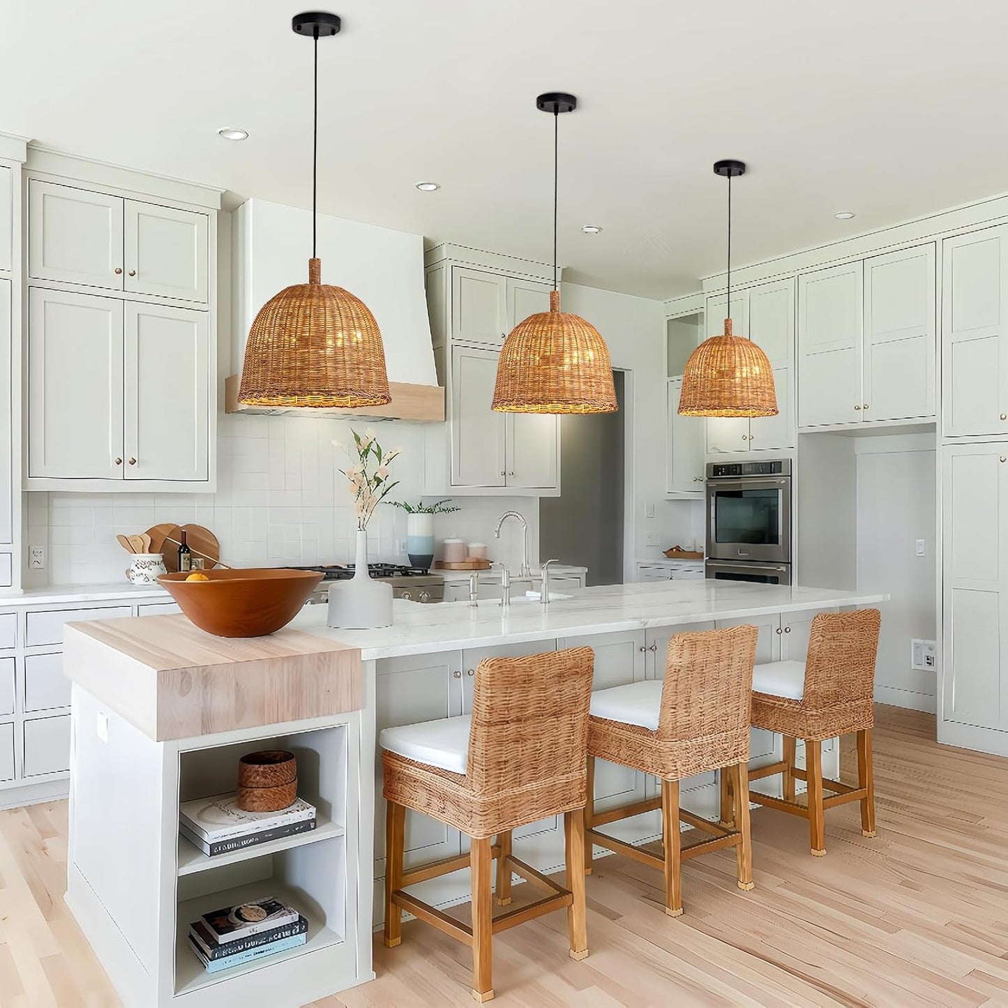 3-Light Dark Curry Rattan Pendant Light,13.77" Rustic Hanging Light,Brown Wicker Pendant Light Hand-Woven Rattan Chandelier for Workplace Dining Living Bedroom Kitchen Farmhouse