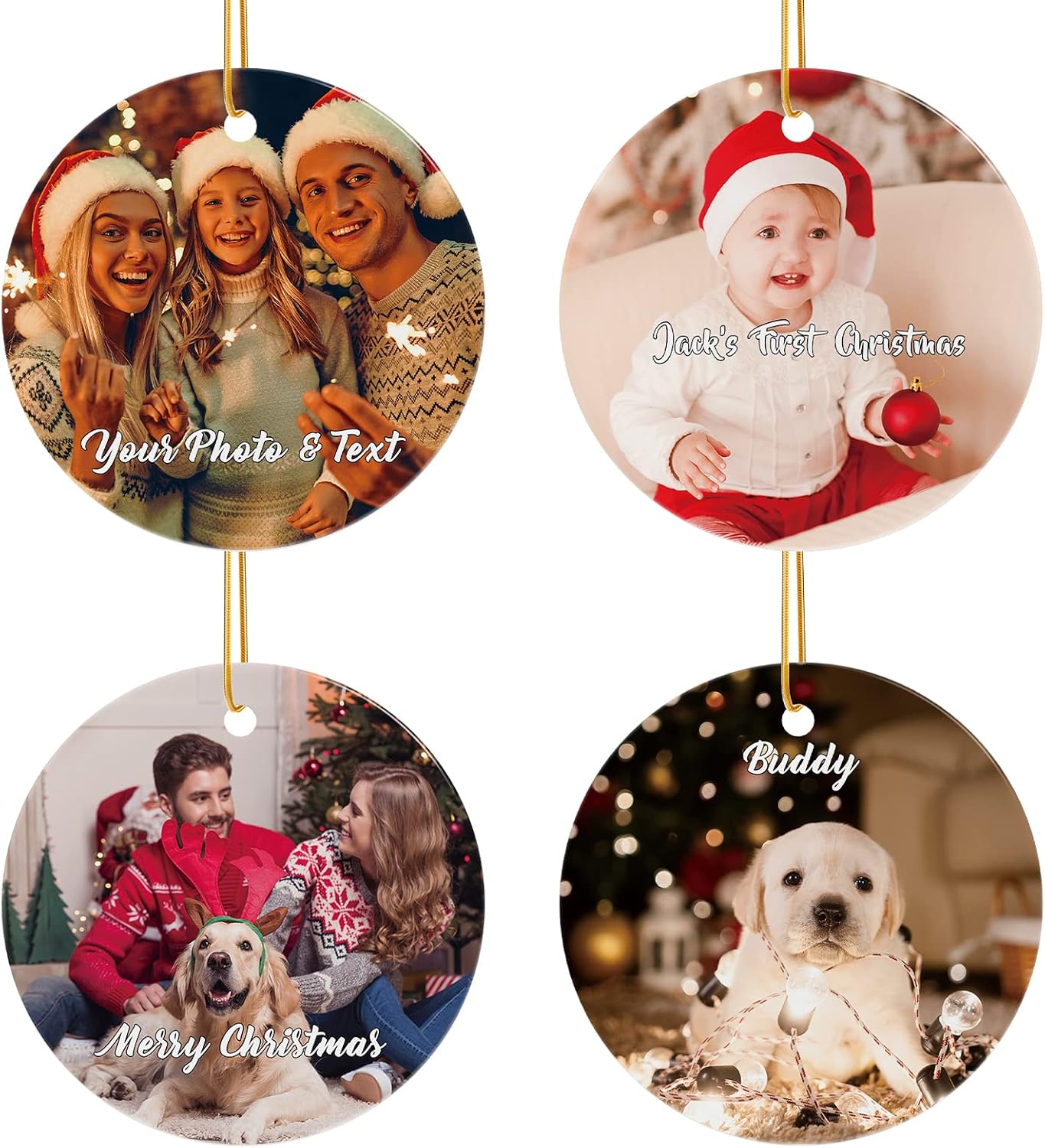 Personalized Christmas Ornaments 4 Pack - Custom Picture & Text Ornaments for Christmas 2022, Customized Ceramic Xmas Tree Decor for Kids, Mom, Dad, Friends, Loves, Pet, Dog, Cat by Bemaystar