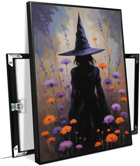 JFHCQJPK Country wildflower witch canvas print halloween mashup art witch purple decoration bohemian elegant art poster12x16in Metal blackFramed
