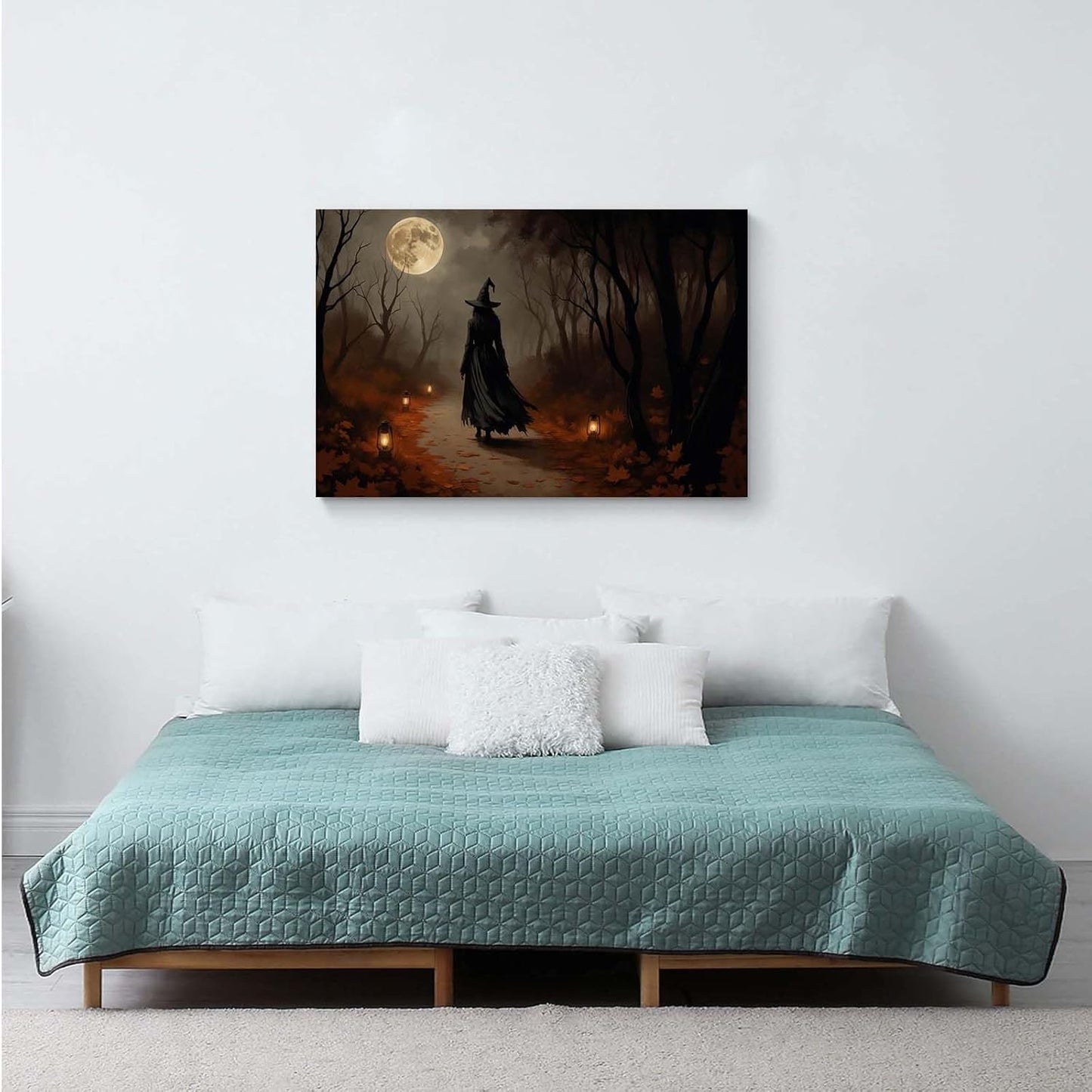 JFHCQJPK Moonlight witch poster dim lantern Halloween decoration Gothic style dark retro college style canvas wall art suitable for living room bedroom16x24in Frameless