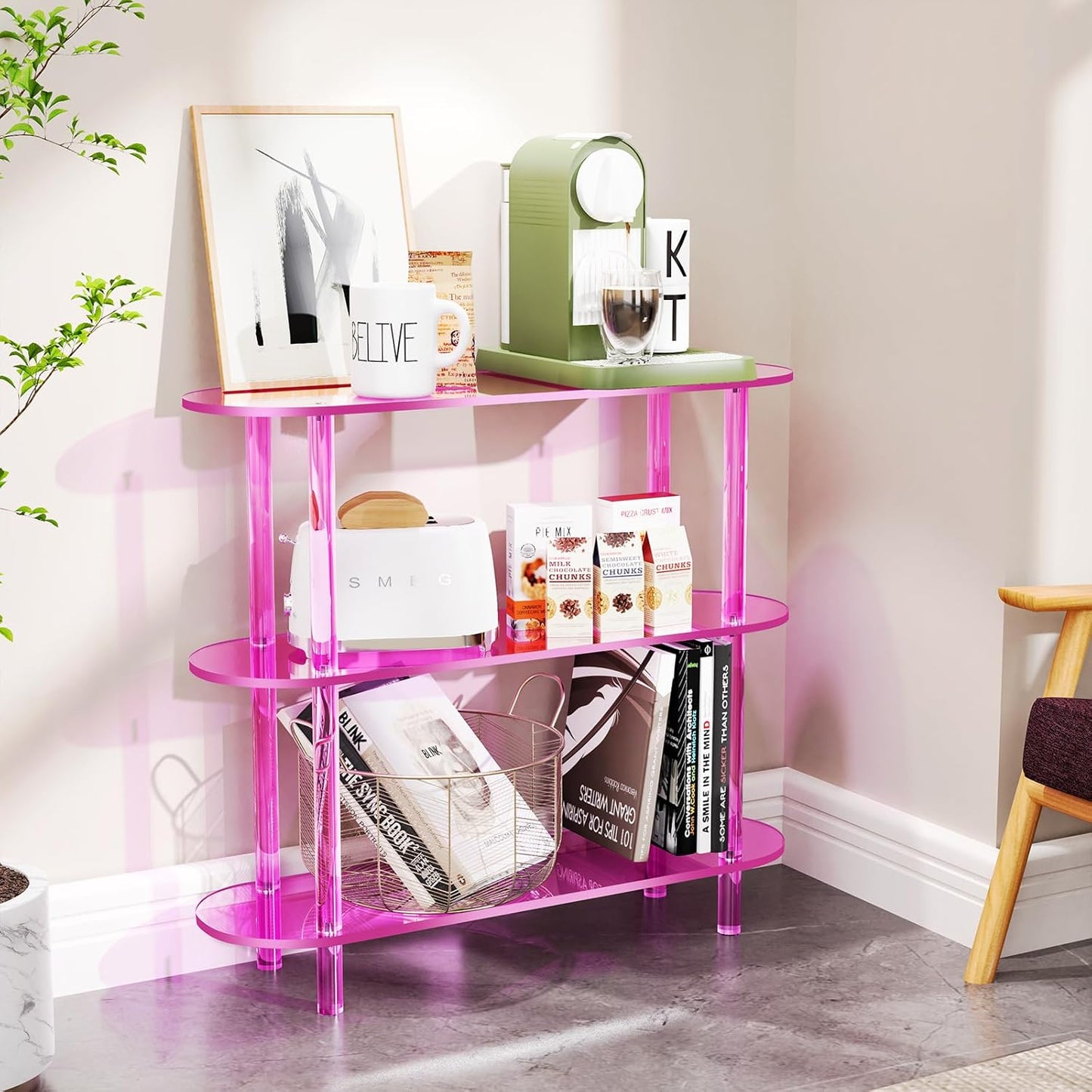 Clear Bookshelf, Acrylic Bookcase with Open Book Shelf Console Table for Entryway Office (3 Tier Pink)