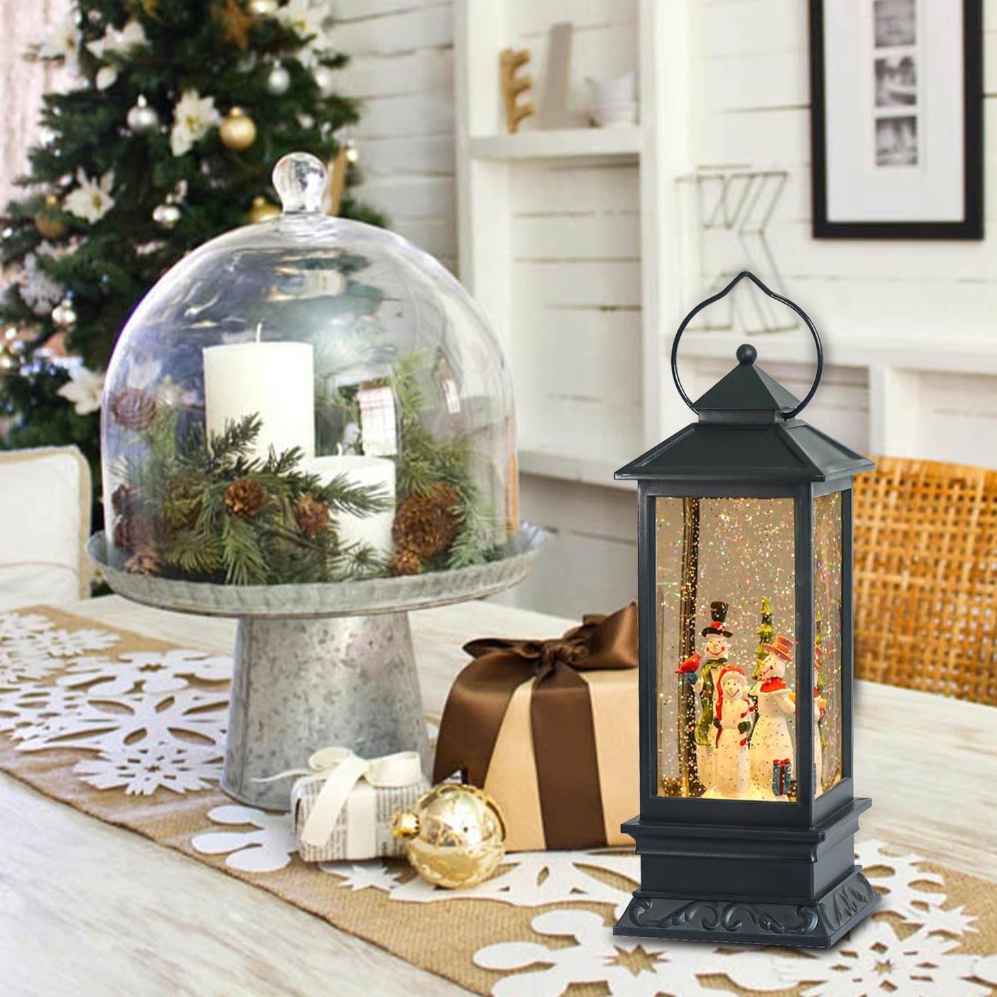 Eldnacele Singing Battery Operated Musical Lighted Christmas Snowman Water Glittering Swirling Snow Globe Lantern with Music Christmas Home Decoration and Gift, Snowman Family