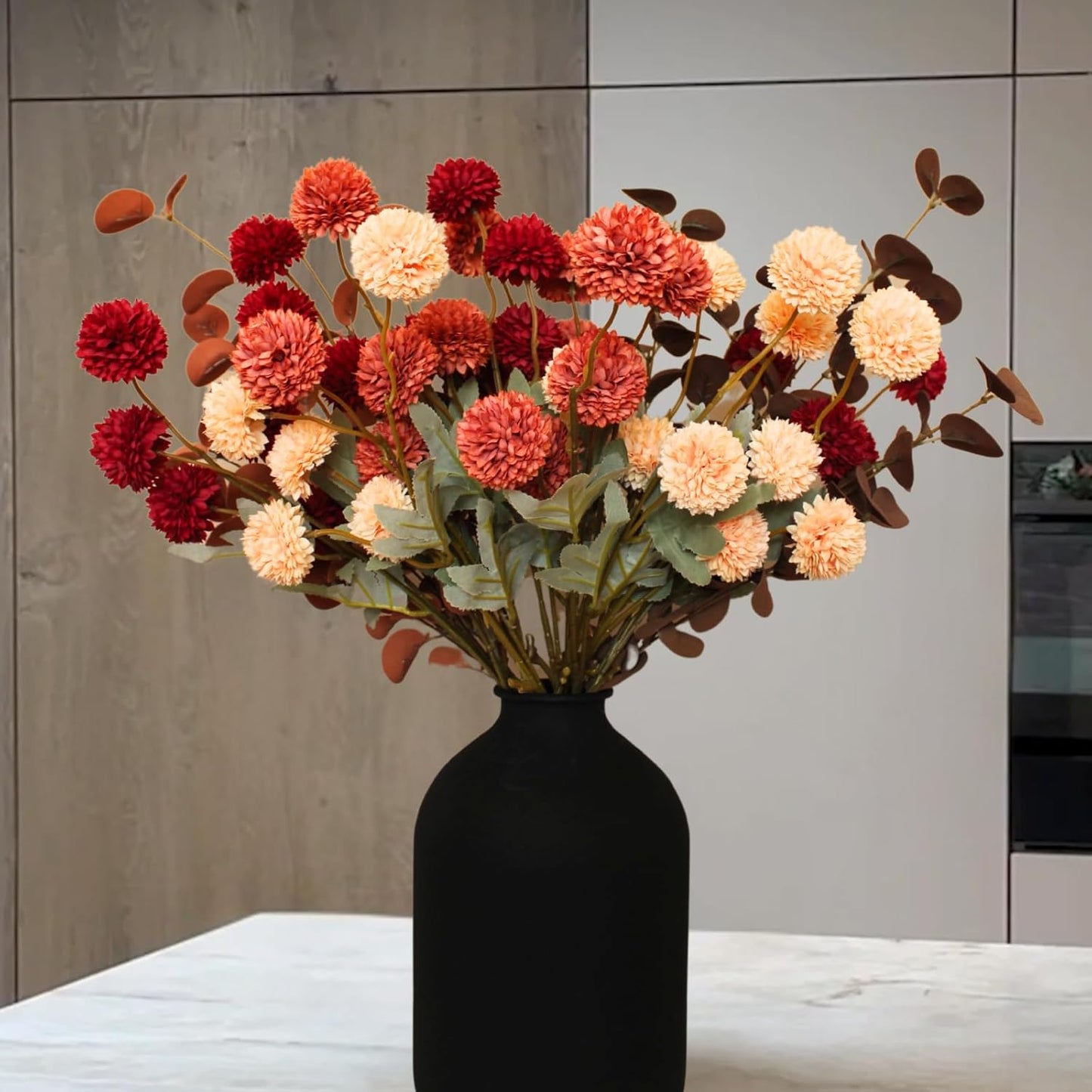 Fall Flowers, Burnt Orange Faux Kiku Flowers Artificial 10 Stems + Eucalyptus, Fake Silk Mums Fall Floral Centerpiece, Autumn Decor, Terracotta Mini Balls Faux Stems For Vase, Decoración de Otoño