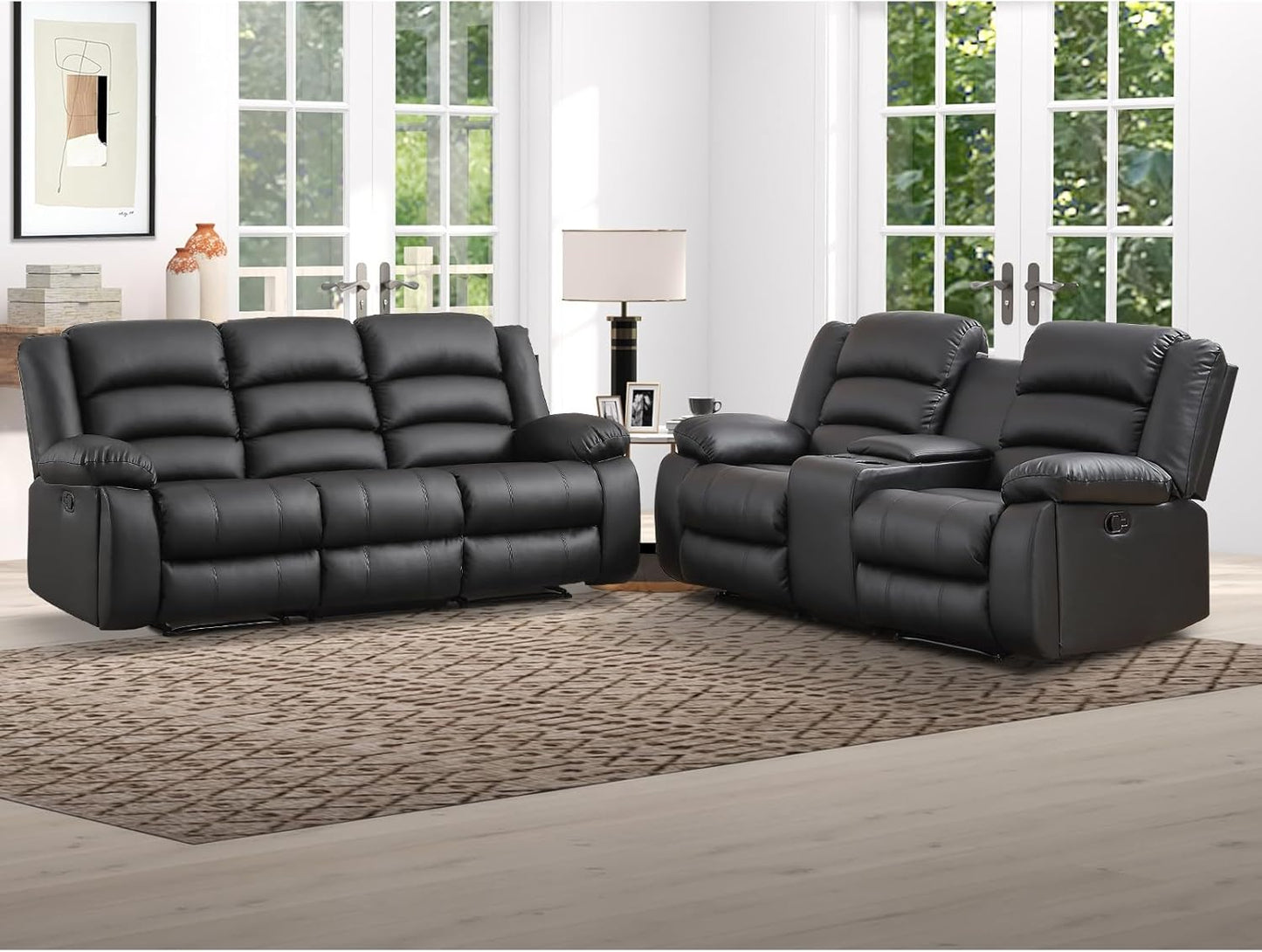 EBELLO Faux Leather Manual Recliner Sofa Set, Loveseat Reclining Sofa and 3 Seat Recliner Sofa, Couch Set for Living Room, Bedroom, Meeting Room, Black (Loveseat+Sofa)