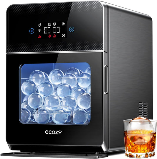 ecozy 2" Clear Ice Ball Maker with CrystalFlux Technology, 4 pcs in 40 Mins, 144 pcs/Day, Sphere Ice Maker with Enhanced Insulation, Automatic Water Supply, Self-Cleaning for Whiskey & Bourbon