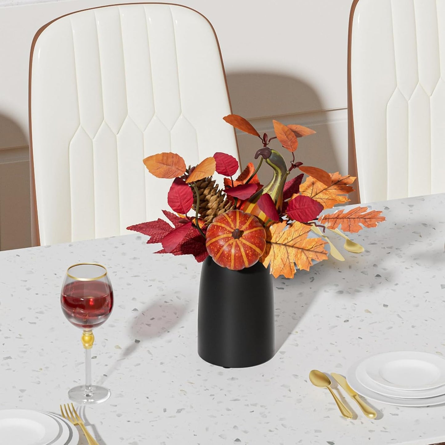 Autumn Artificial Potted Plant Decorations, Maple Leaves, Pinecones, Pumpkins with Black Ceramic Vase for Home,Thankgiving Table Decoration