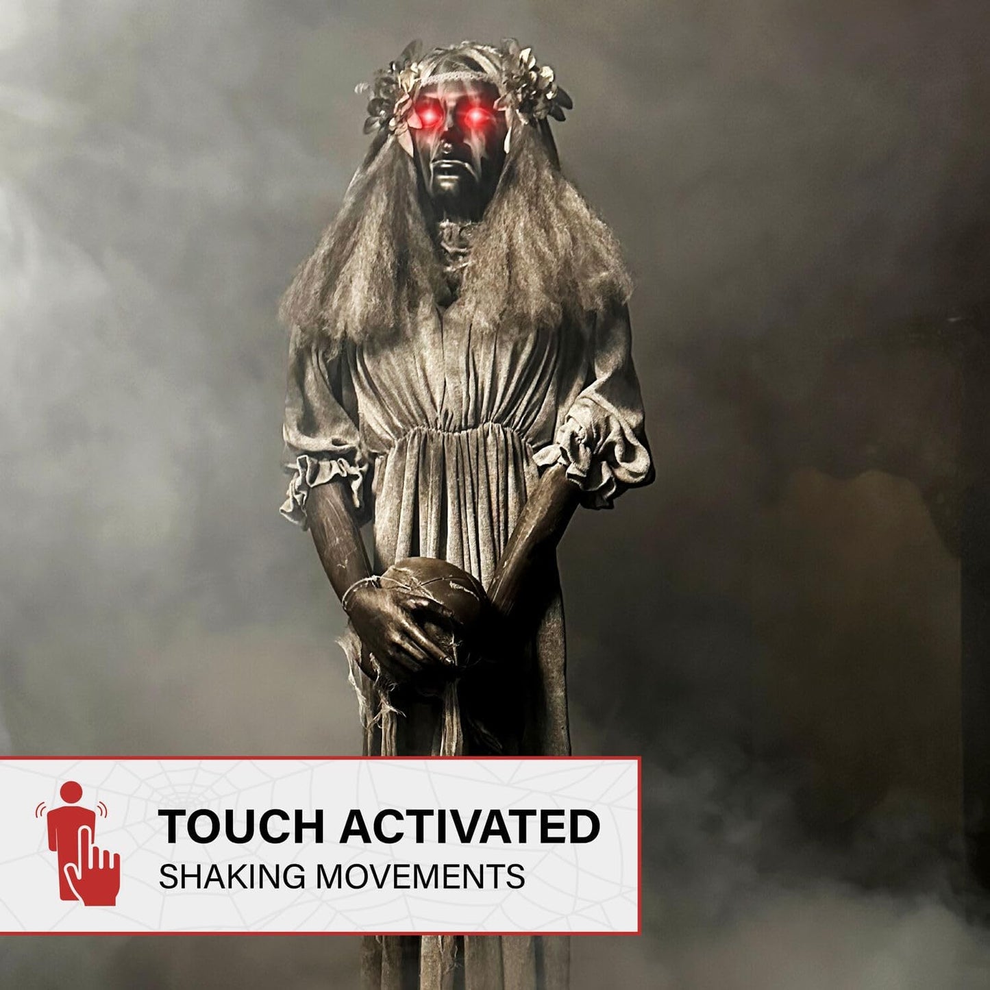 Haunted Hill Farm Lifesize Animatronic Scary Haunted Lady Statue with Touch Activated Lights and Sound, Battery-Operated Indoor or Covered Outdoor Halloween Decoration