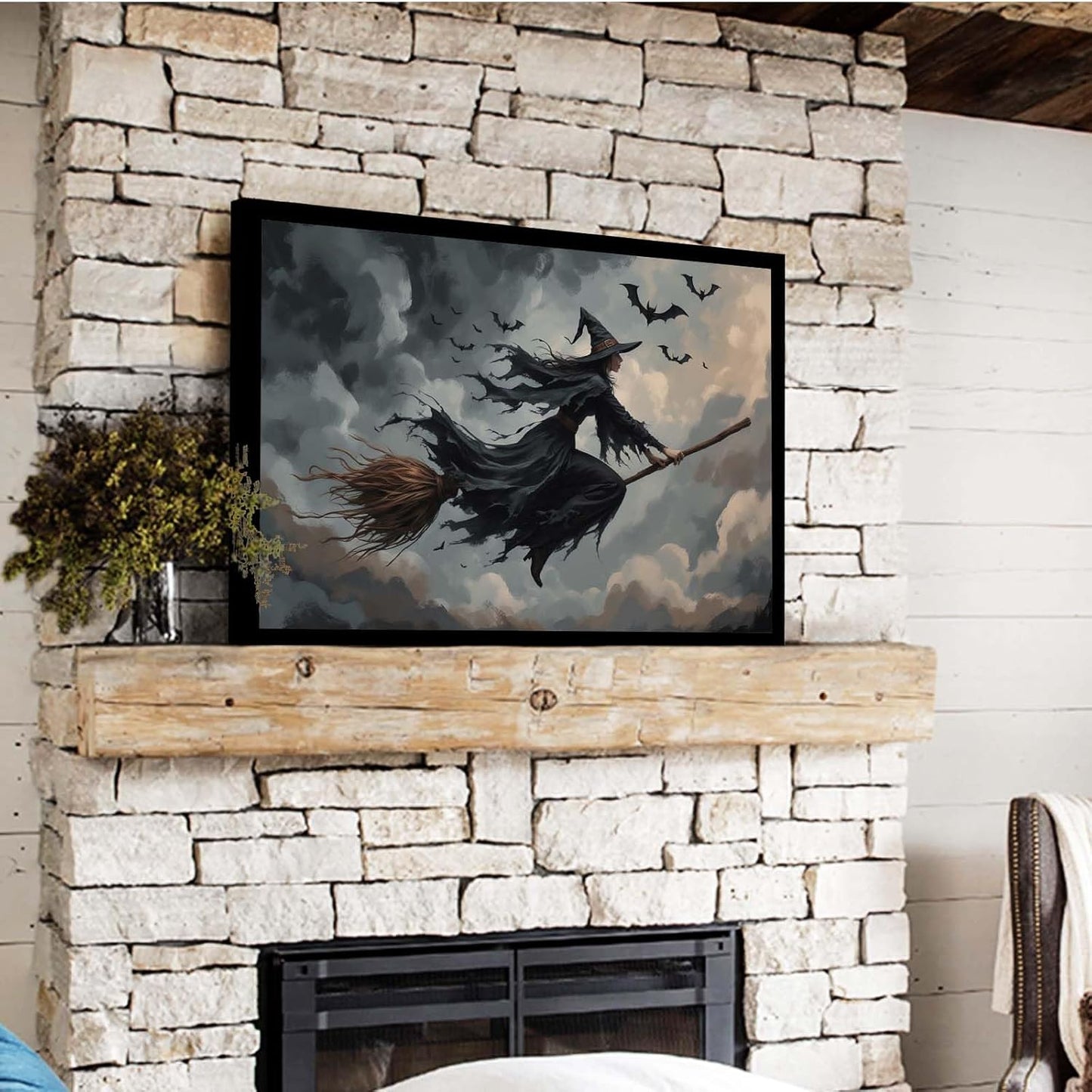 JFHCQJPK Witch and bat flying Halloween poster suitable for home party wall decoration retro Halloween preppy style wall art canvas print suitable for room decoration24x36in Metal blackFramed