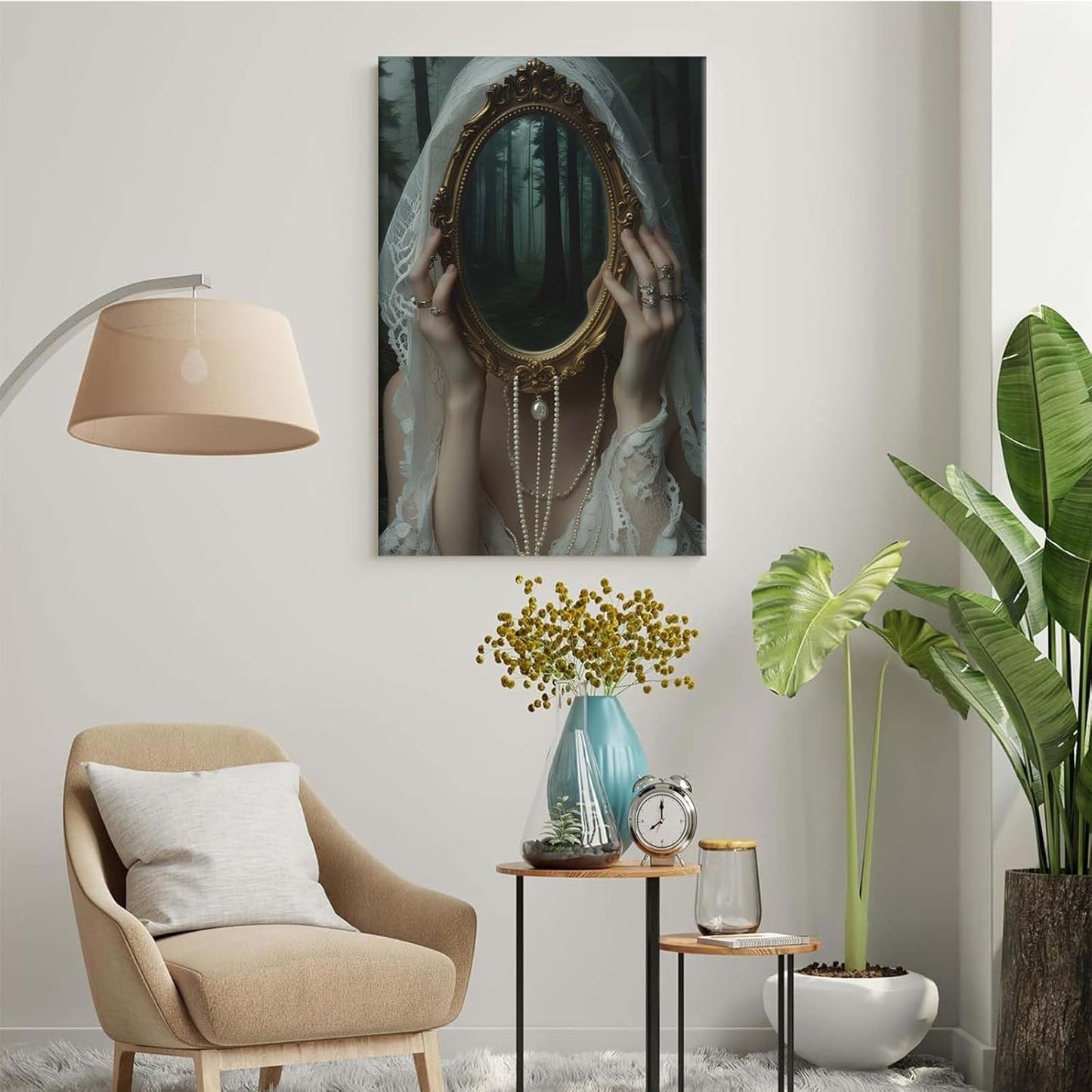 Mirror face covering dark art poster print melancholy gothic painting vintage feminine print victorian style decoration antique art8x12in Wood Framed