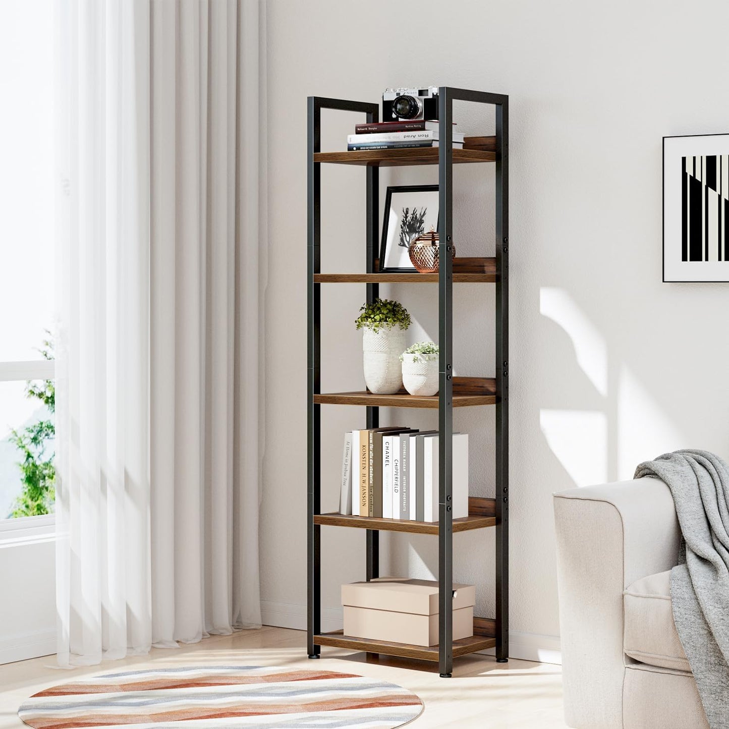 NUMENN Narrow Bookshelf, 5 Tier Bookshelves, Home Office Bookcase Shelf Storage Organizer, Free Standing Storage Shelving Unit for Bedroom, Living Room and Home Office, Vintage