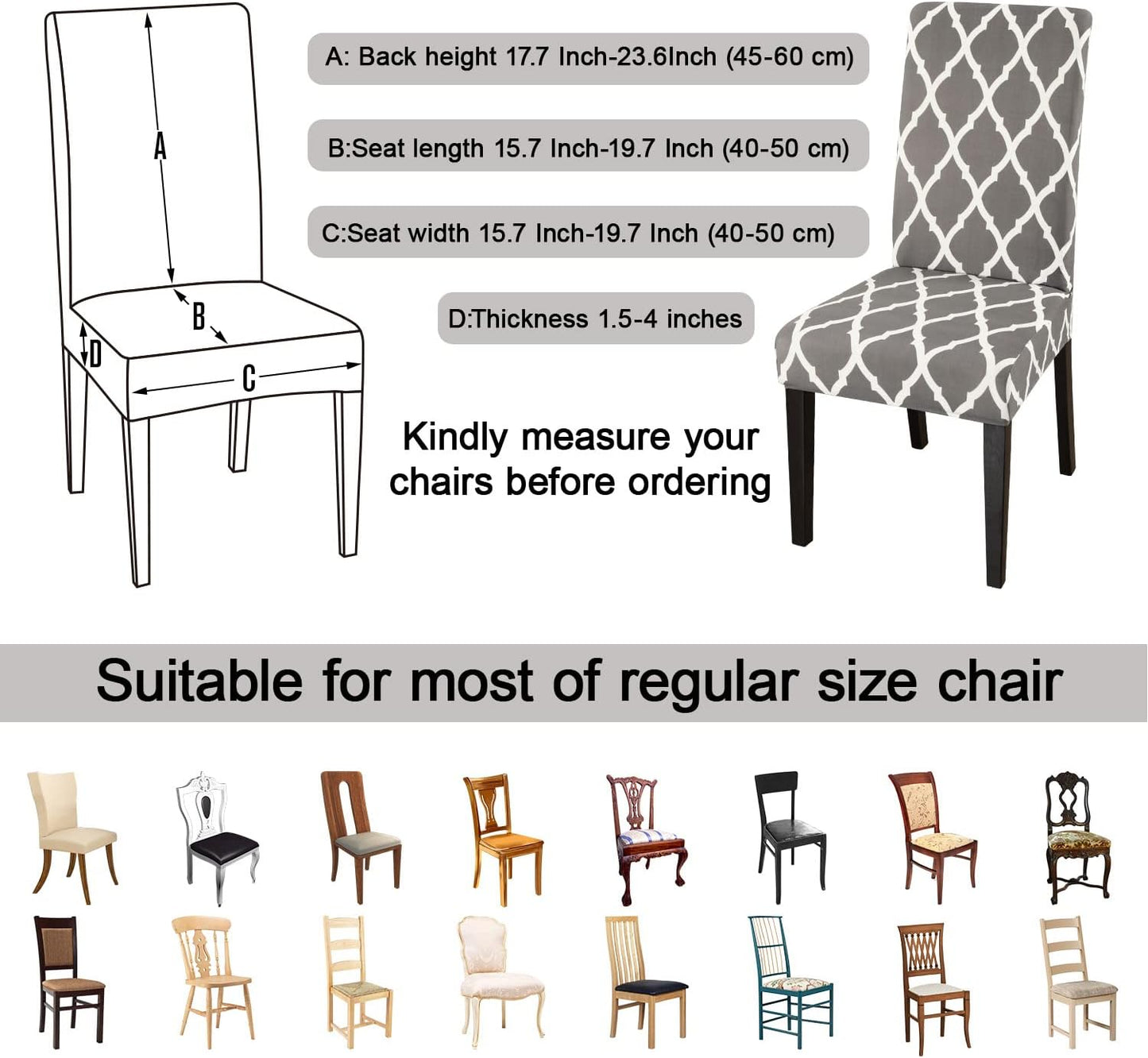 JQinHome Dining Chair Covers Set of 4, High Stretch Removable Washable Parsons Chair Slipcover for Home Party Hotel Wedding Ceremony (Grey White)