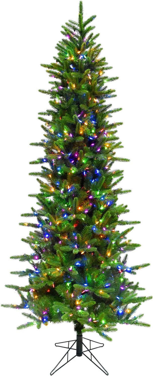Fraser Hill Farm 9-Ft. Carmel Pine Slim Artificial Christmas Tree with Dual Multicolor & Warm White LED Lights and Stand, Prelit Foldable Fake Tree with Realistic Foliage for Home Decoration