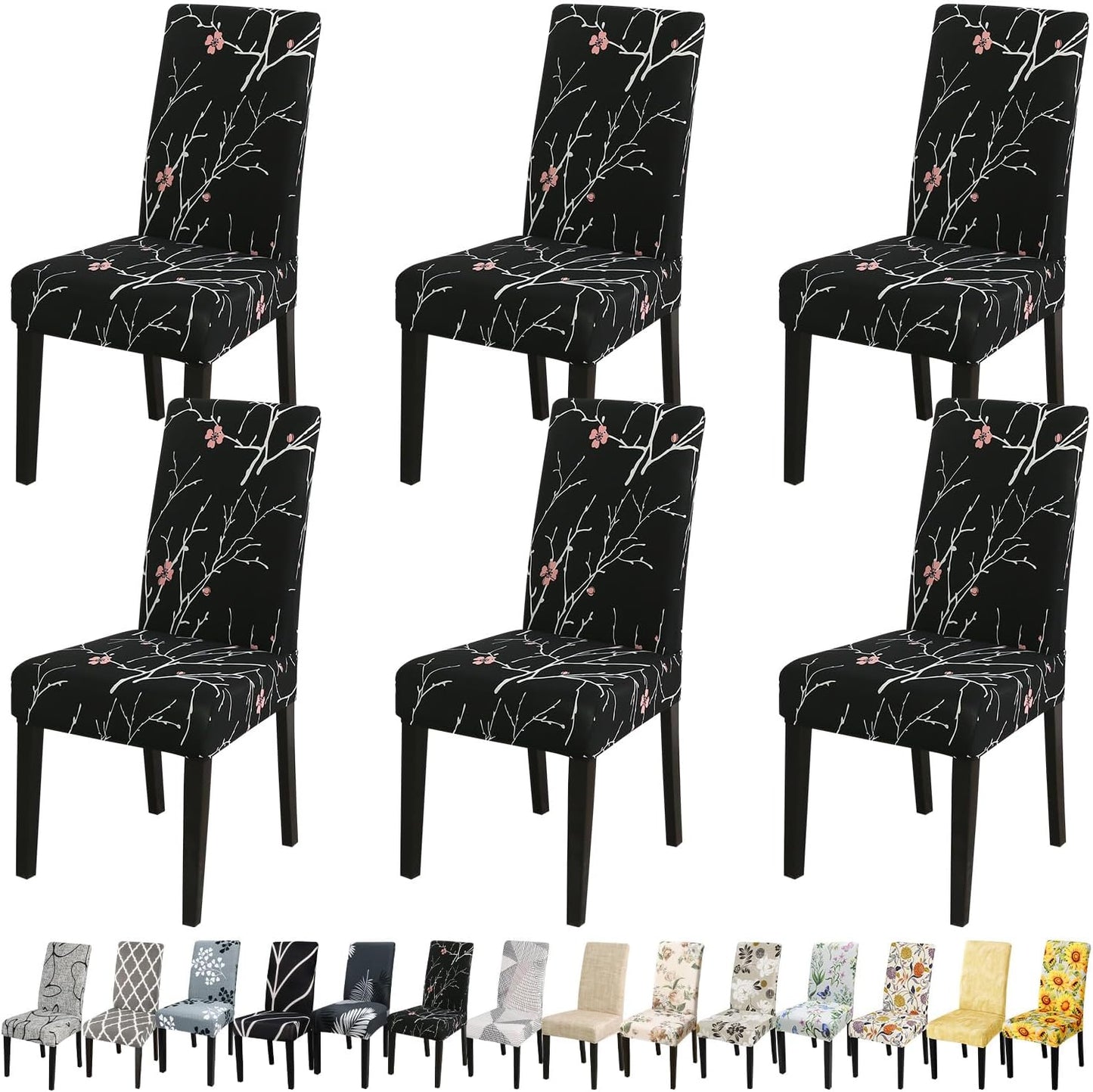 JQinHome Pattern Chair Covers for Dining Room Set of 6, High Stretch Removable Washable Parsons Chair Slipcover for Home Party Hotel Wedding Ceremony (Flourish Black,6PCS)