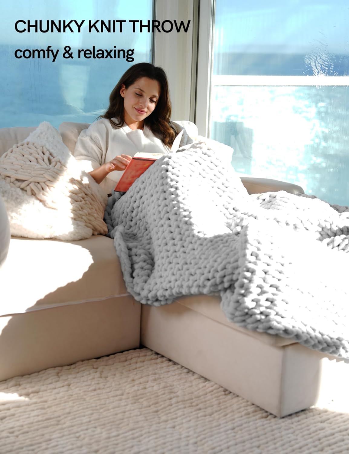 YnM Chunky Throw Blanket, Hand Knitted with Chenille Yarn, Skin Friendly, Ventilated and Breathable, Machine Washable, Home Décor Piece for Couch, Sofa and Bed (Glacier Grey, 40x50 Inch)