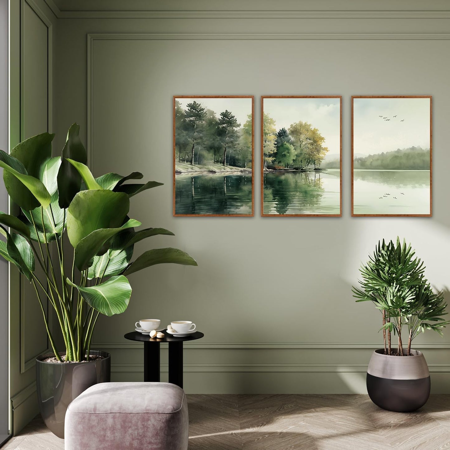 KAIRNE Framed Nature Canvas Wall Art Set,Misty Forest Wall Decor,Green Mountain Forest Pictures,Lake Water Painting set of 3(16”x24”),Landscape Scene Print for Living Room, Bedroom,Gallery Decor