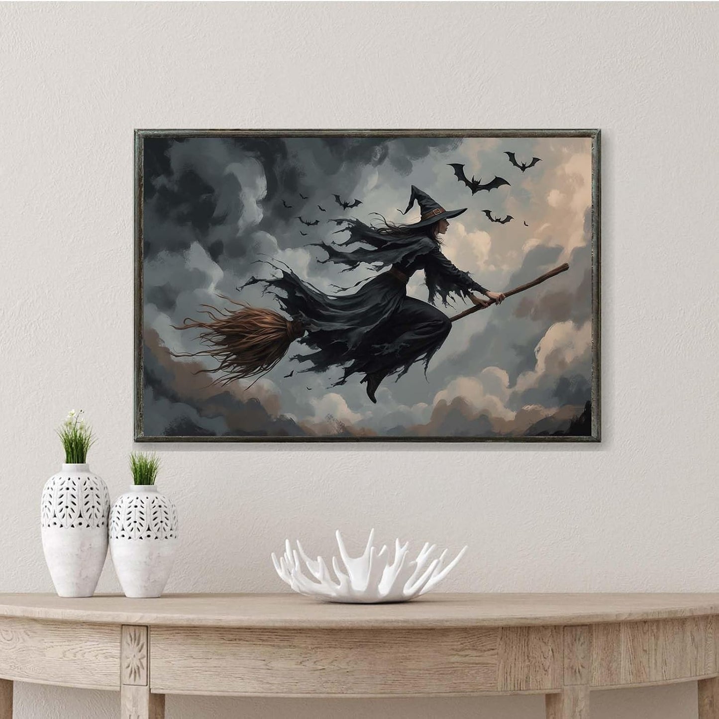 JFHCQJPK Witch and bat flying Halloween poster suitable for home party wall decoration retro Halloween preppy style wall art canvas print suitable for room decoration24x36in Metal blackFramed