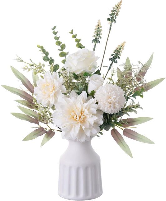 Fake Flowers in Vase, Artificial Flowers with Vase, 15.7'' Floral Arrangements for Dining Table Centerpiece Decor, Silk Roses & Faux Dahlia Bouquet for Farmfouse Kitchen Coffee Table Decor (White)