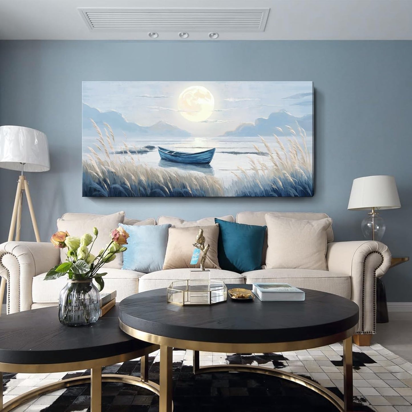 Oversized Large Living Room Wall Art, Blue Wall Decor for Bedroom, Modern Nautical Ocean Beach Seascape Nature Picture Sailboat Moon Lake Mountain Canvas Print Relaxing Serene Coastal Rustic Artwork
