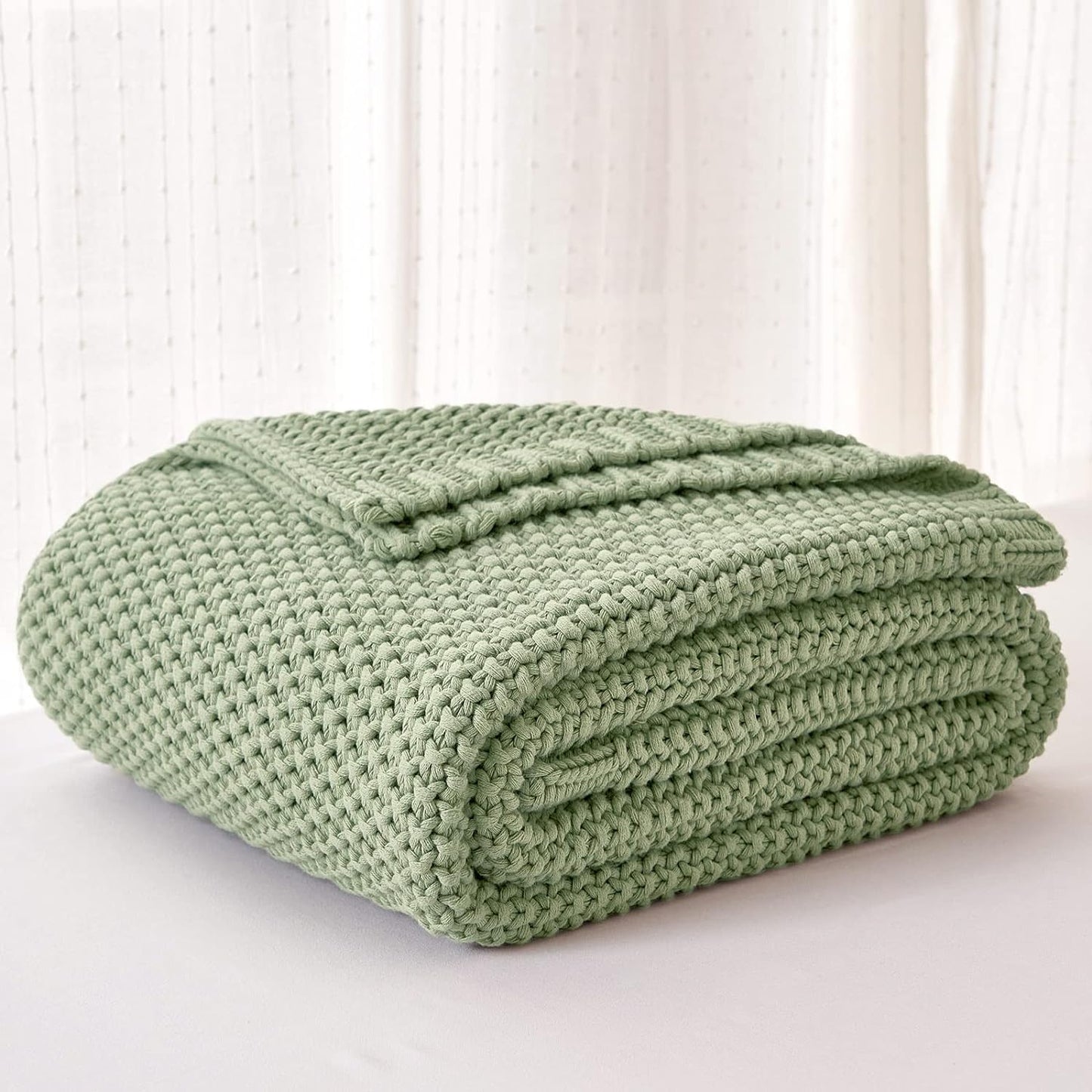 Chunky Cable Knit Throw Blanket Lightweight Light Green 100% Organic Cotton Blanket for Sofa Couch Bed Baby Nursery, Rustic Shabby Chic Modern Farmhouse, 60” x 80” Bonus Laundering Bag