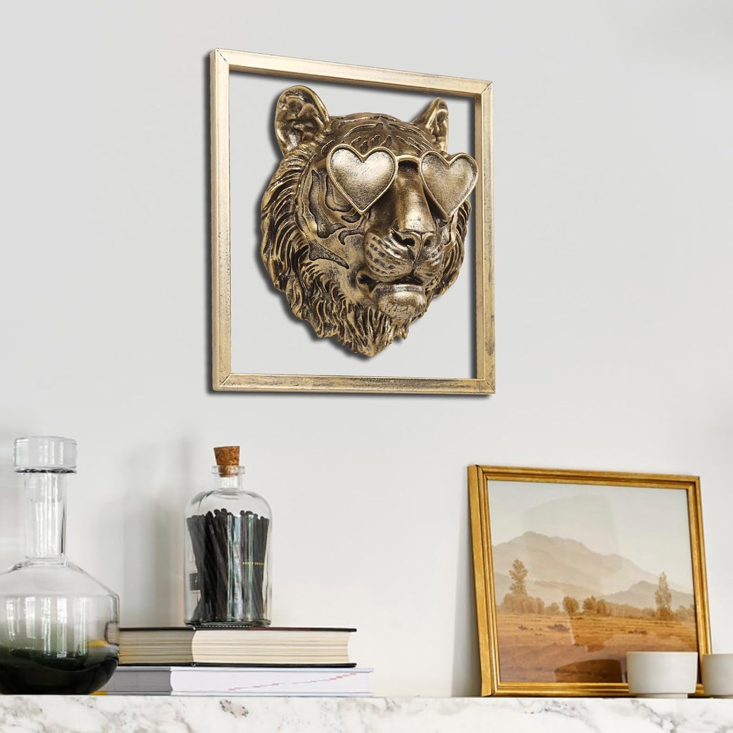 Animal Heads Wall Decor (Includes Metal Frame) Resin Animals Sculptures Head Wall Hanging Decoration Gold vintage Wall Sculpture for Living Room Bedroom Office(Tiger)