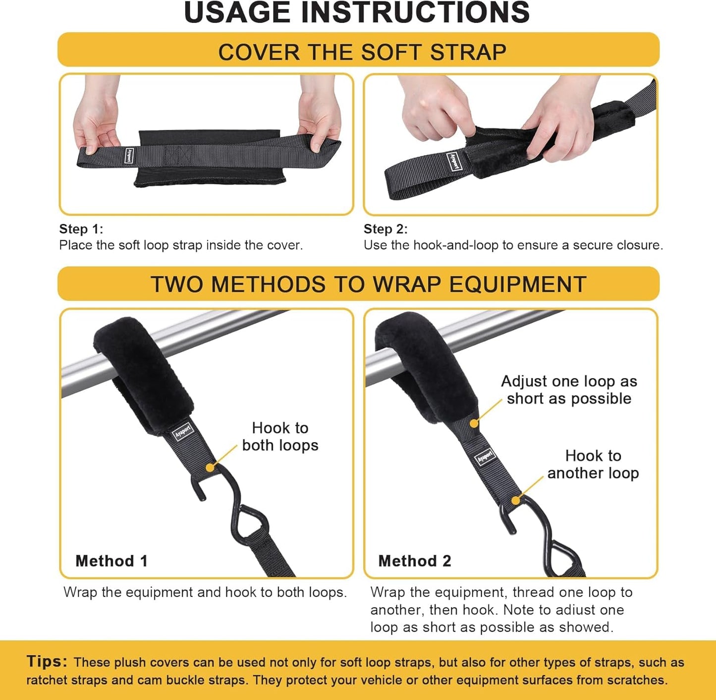 Ayaport Soft Tie Cover Set Include 4 pcs Synthetic Sheepskin Plush Covers and 4 pcs Soft Loop Tie Down Straps for Protecting Motorcycle, Dirt Bike, ATV, UTV etc. 1.5"x18"