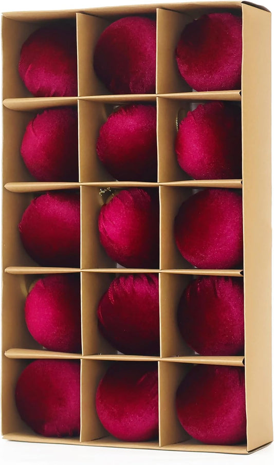 3.15inch Burgundy Velvet Ornaments for Christmas Tree, 15pcs Flocked Christmas Ornaments Decorations Balls Set Decor