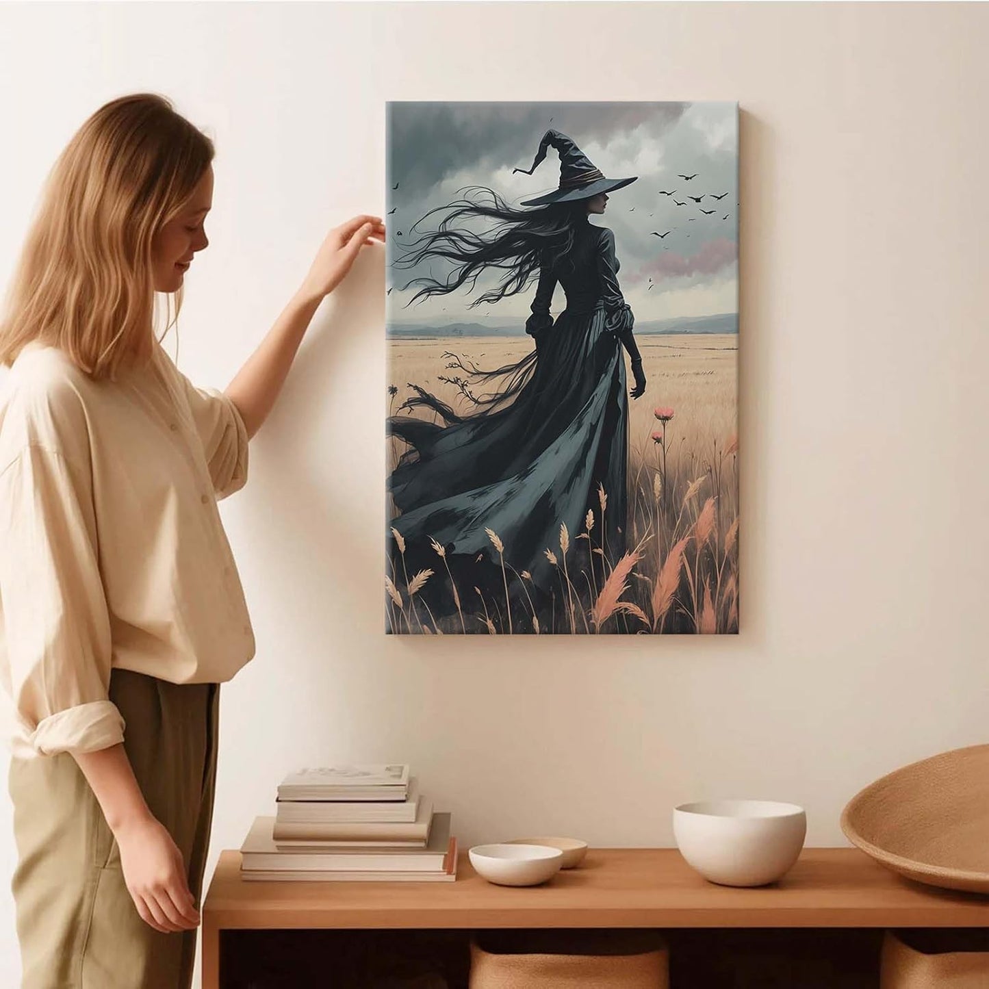 Gothic Decor Canvas Wall Art Witch in Rice Field Halloween Art Decor Print Nature Print Victorian Home Bedroom20x30in Wood Framed