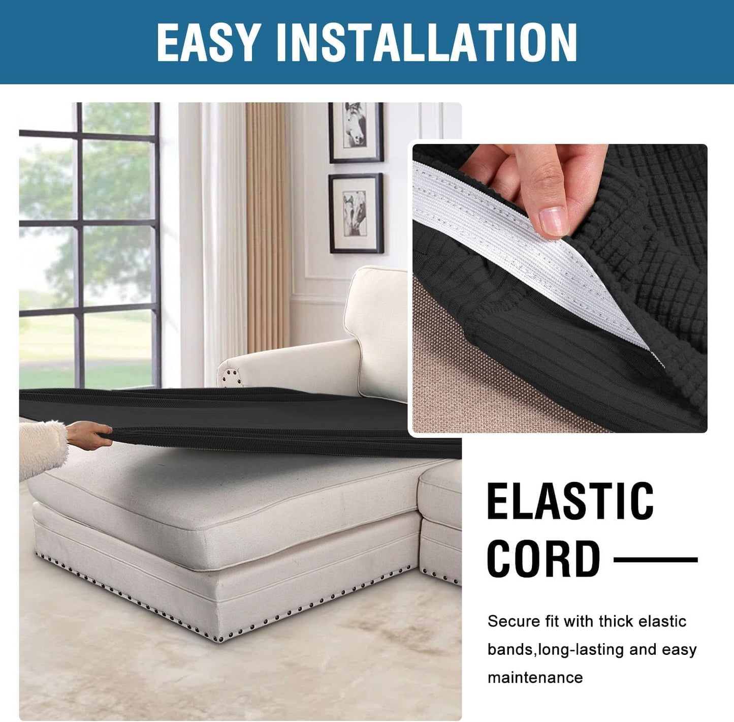 H.VERSAILTEX Super Stretch Individual Chaise Cover Sectional Couch Covers for L Shaped Sofa Both Left/Right Featuring Thick Jacquard Textured Twill Fabric (1 Piece Chaise Cover Large, Black)