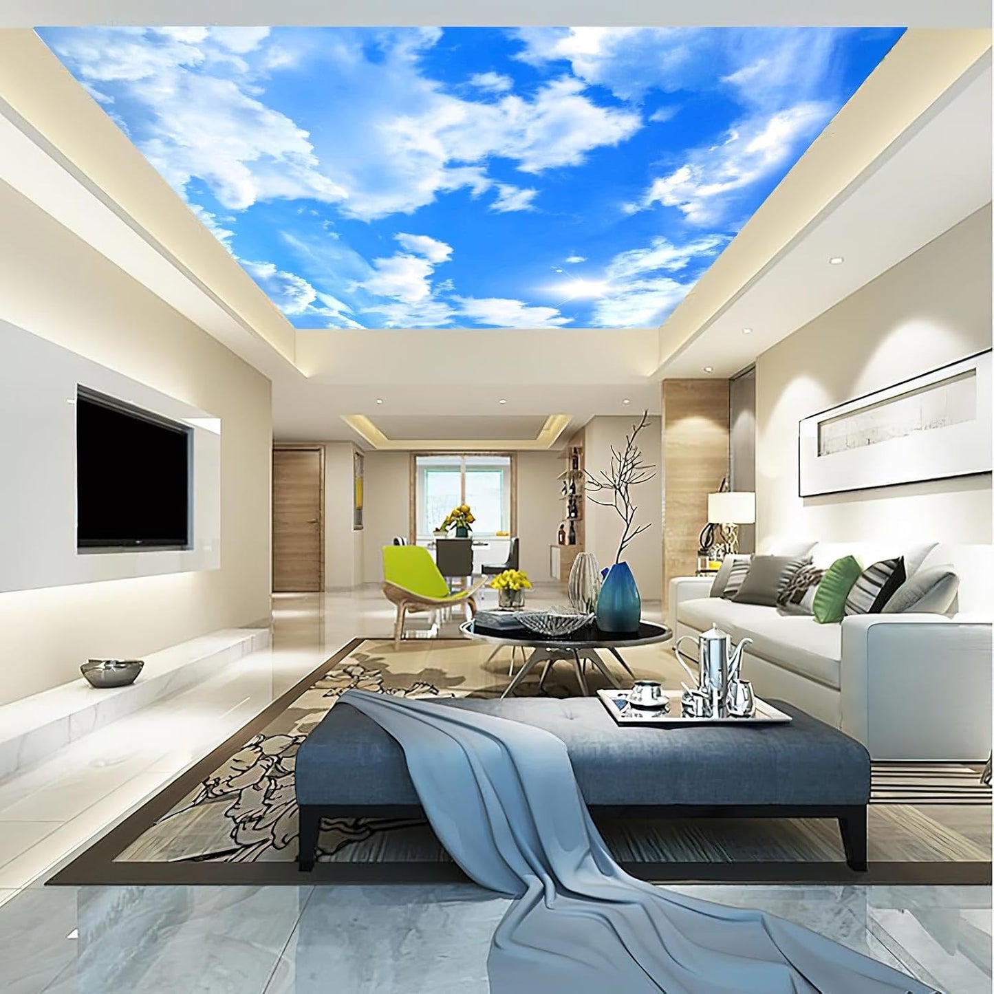 Blue Sky and White Clouds Suspended Ceiling Wall Mural Wallpaper for Bedroom