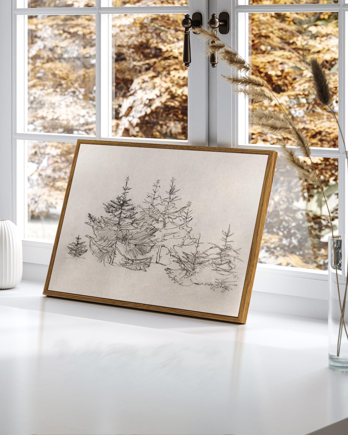 VIYYIEA Framed Canvas Wall Art Home Decor Pine Tree Prints Wall Pictures Black and White Watercolor Winter Room Decor Tree Life Vintage Botanical Home Decor 12x16in