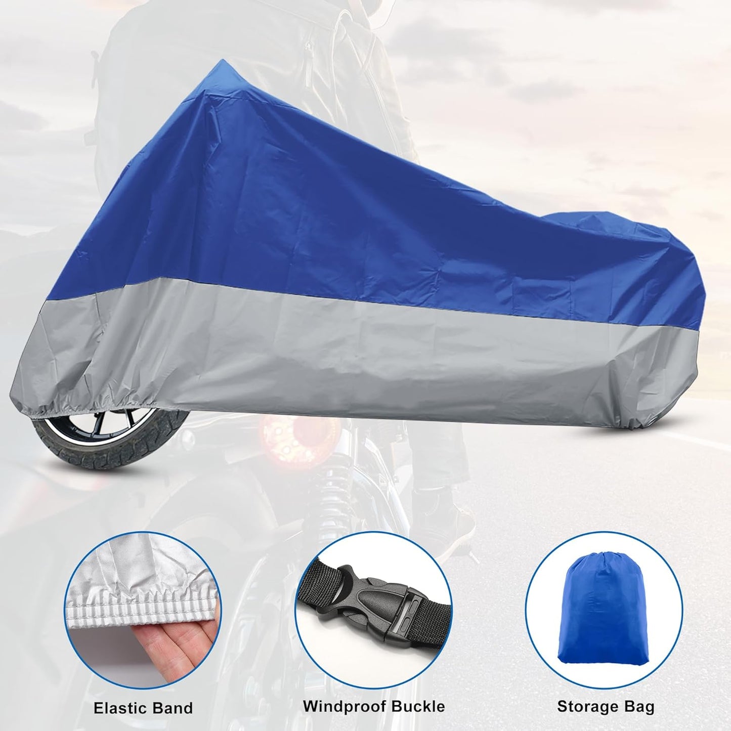 X AUTOHAUX Motorcycle Cover for Harley Davidson for Honda for Suzuki All Season Waterproof Sun Outdoor Protection Motorbike Cover Fits Up to 104.33'' Motorcycles Cover XXL Blue Silver Tone