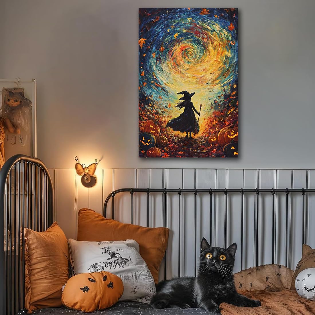 Halloween Autumn Witchy Decor Wall Art Prints,Gothic Witch in Whirlwind Autumn with Pumpkins Scene Pictures Poster,Fall Festival Home Decor Painting Canvas Poster for Bedroom Bathroom,8"x12" Framed