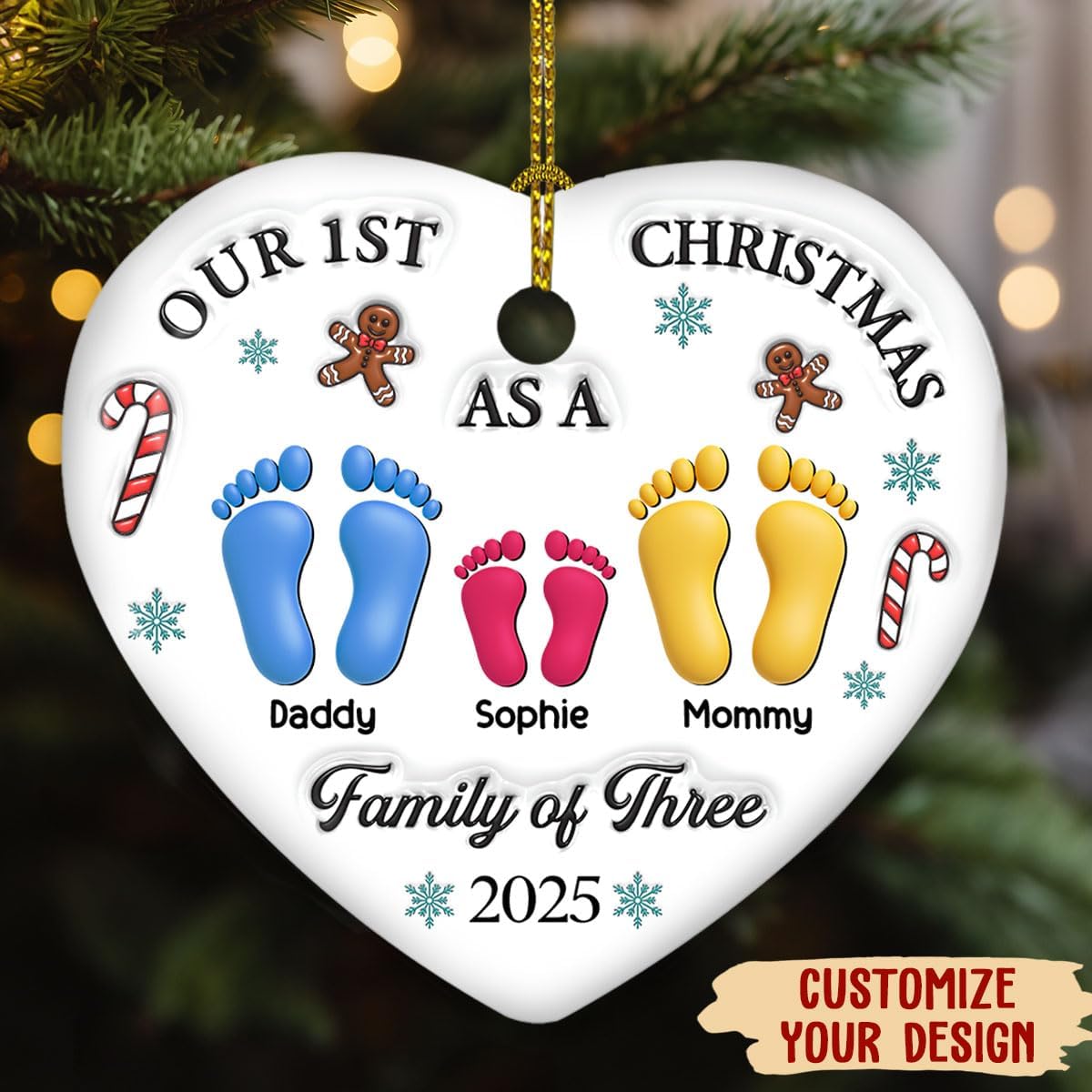 Custom 3D Effect Heart Ornament – Our First Christmas, Personalized Gift for Newly Married Brides, Ideal Holiday Keepsake