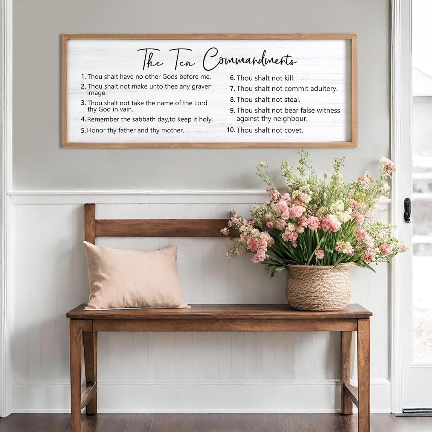 The Ten Commandments Rustic Bible Verse Framed Wall Art, 40''×15'' Positive Religious Christian Saying Sign for God Jesus Christ Prayer, Vintage Horizontal Holy Inspirational Catholic Scripture Decor
