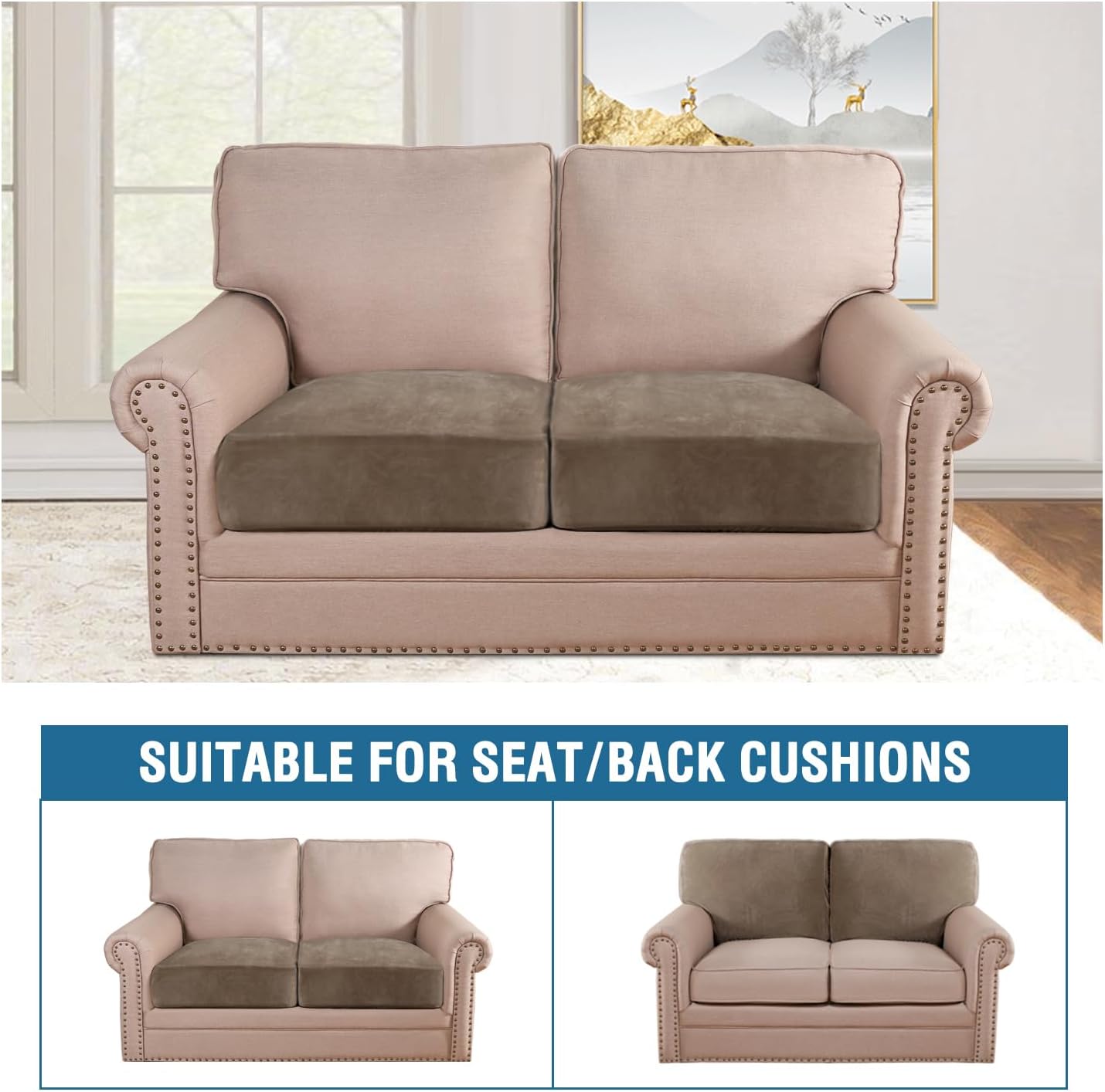 H.VERSAILTEX Velvet Stretch Couch Cushion Cover Plush Cushion Slipcover for Chair Loveseat Sofa Cushion Furniture Protector Seat Cushion Sofa Cover (2 Piece Large Sofa Cushion Covers, Mocha)