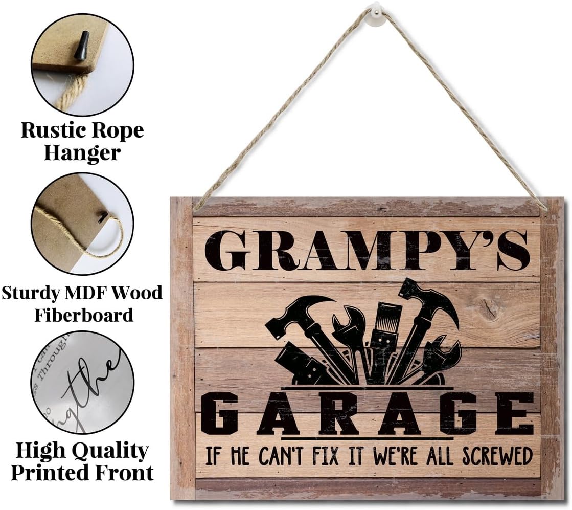Rustic Sign, Father's Day Gift, Dad's Gift, Grandpa's Gift, Decor Hanging Wood Signs, Printed Wood Wall Art Sign, Grampy's Garage, If He Can't Fix It We're All Screwed, Vintage Sign Gift for Grandpa
